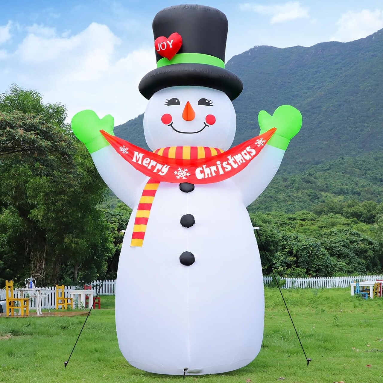 10FT Christmas Inflatables Snowman Outdoor Decorations, Giant Blow up Snow Man with Black Hat & Xmas Banner Yard Decor, Built-in Blue Rotating LED Lights for Lawn Patio Garden Party Holiday